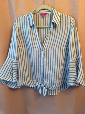 Lilly Pulitzer Blue and White Striped Tie-Hem Button Front Top